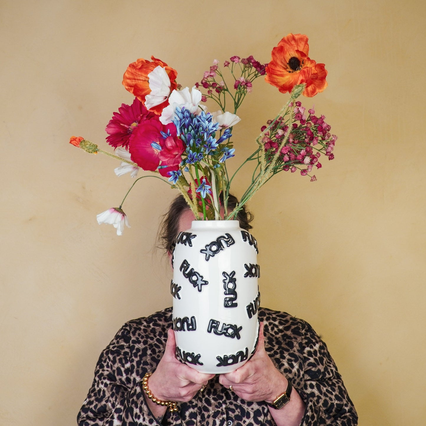 Housevitamin - Bloemen Vaas 'FUCK' - Keramiek - Wit/Zwart - 17x17x27cm