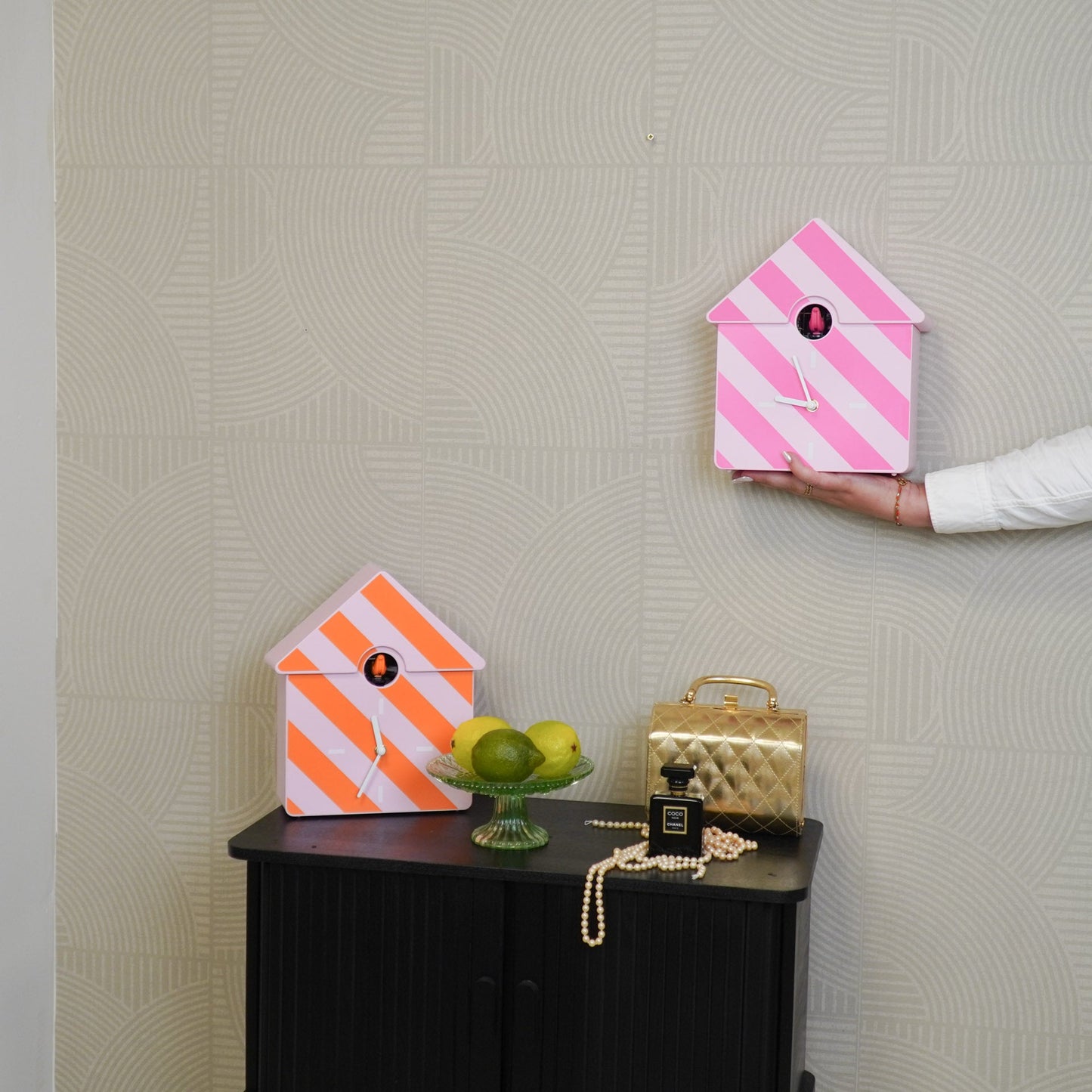 Housevitamin - Wall Clock Cuckoo Clock - Striped Pattern-Orange/Pink - 24x27x9cm