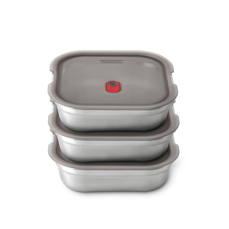 Black+Blum Stalen voedselbox vierkant - voor maaltijdvoorbereiding - 195x189x58mm - Grijs/Rood