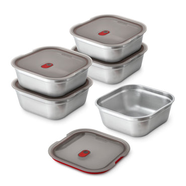 Black+Blum Stalen Voedselbox Vierkant - Maaltijdvoorbereiding - 195x189x77mm - Grijs/Rood