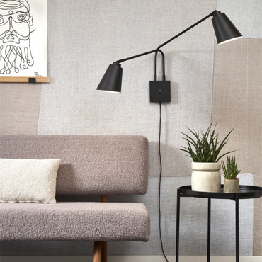 It's About Romi Wandlamp ijzer Bremen 2-arm h.45xl.130cm/kap 18x15cm, zwart