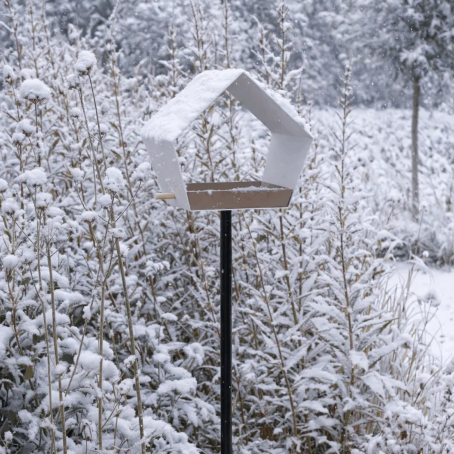 Heeej! Big DIamond vogelhuis wit-zand in tuin vol sneeuw