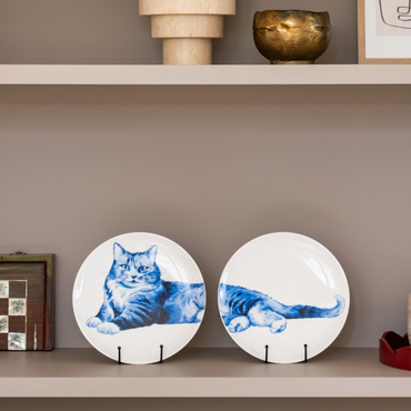 Heinen Delfts Blauw wandbord Relaxte kat tweeluik keramiek 26 cm staand