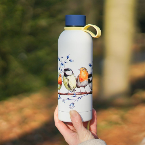 Heinen Delfts blauw waterfles bosvogels in hand