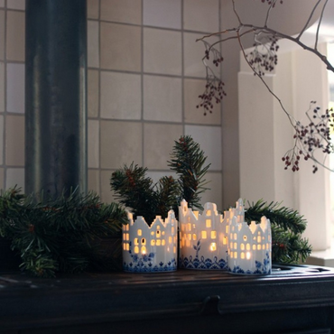 Heinen Delfts Blauw waxinelichthouder Huisje middel sfeer
