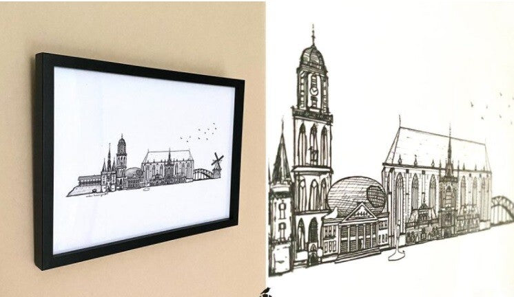 Anke Huizinga Poster skyline Zwolle met tekening poster