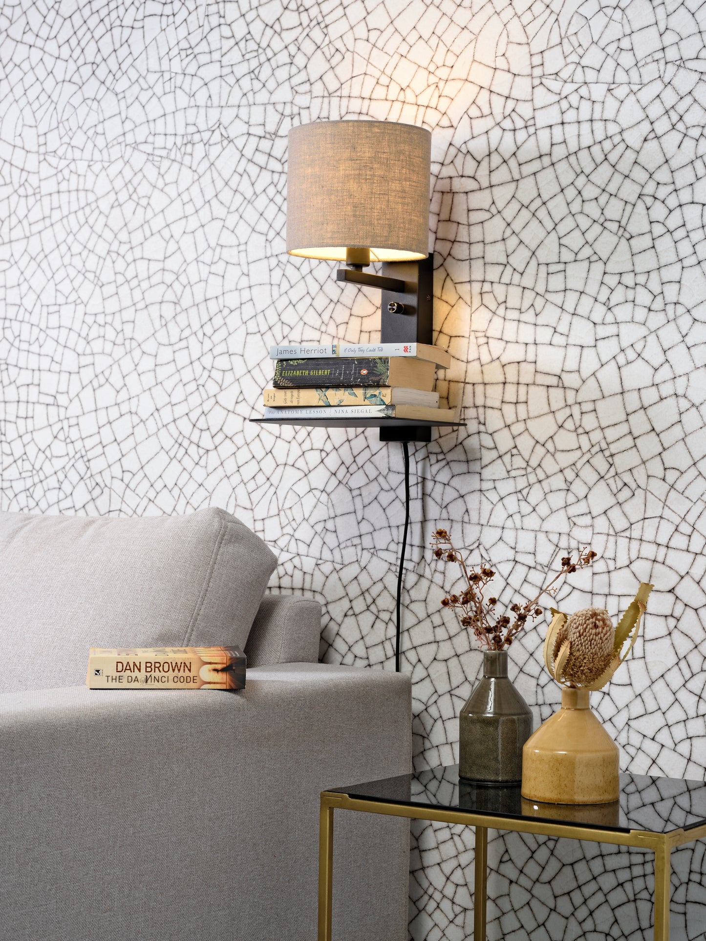 It's About Romi Wandleuchte Eisen Florence E14 m. Ablage + USB H.42cm inkl. Dimmer/Schirm 18x15cm, T. Leinen