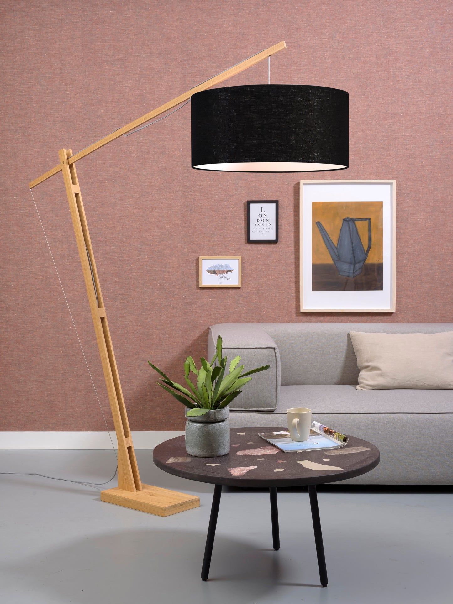Good&Mojo Stehleuchte Montblanc Bambus H.207/Schirm 60x30cm Öko-Leinen, schwarz