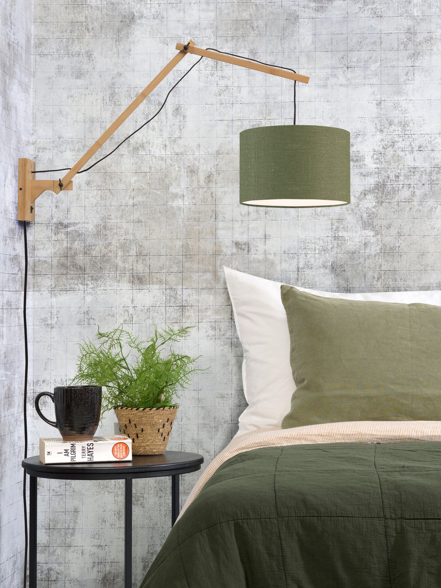 Good&Mojo Wandleuchte Andes Bambus nat./Schirm 33x20cm Ecolin. gr.forest, L