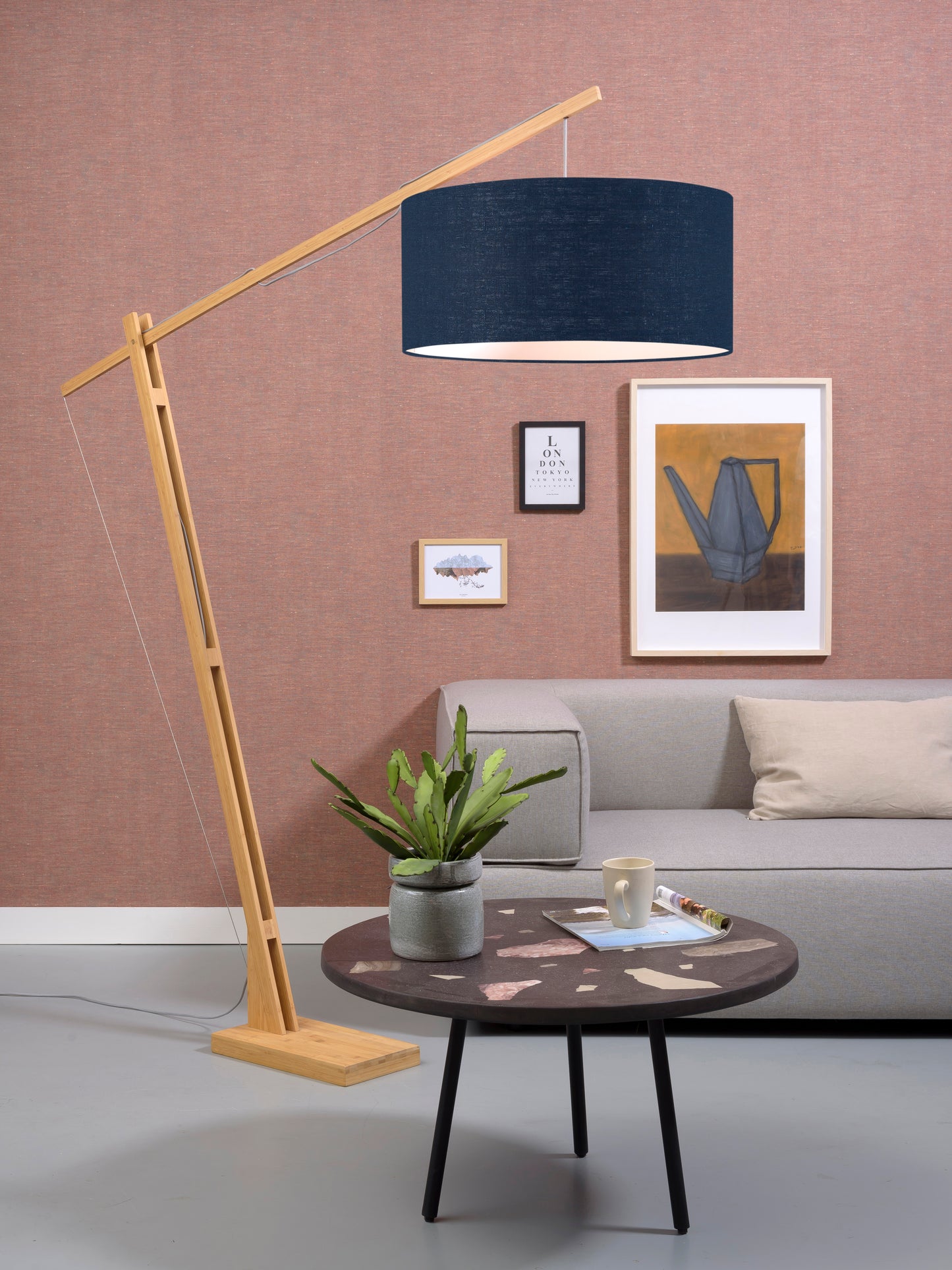 Good&Mojo Stehleuchte Montblanc Bambus H.207/Schirm 60x30cm Öko-Leinen, Blue Denim
