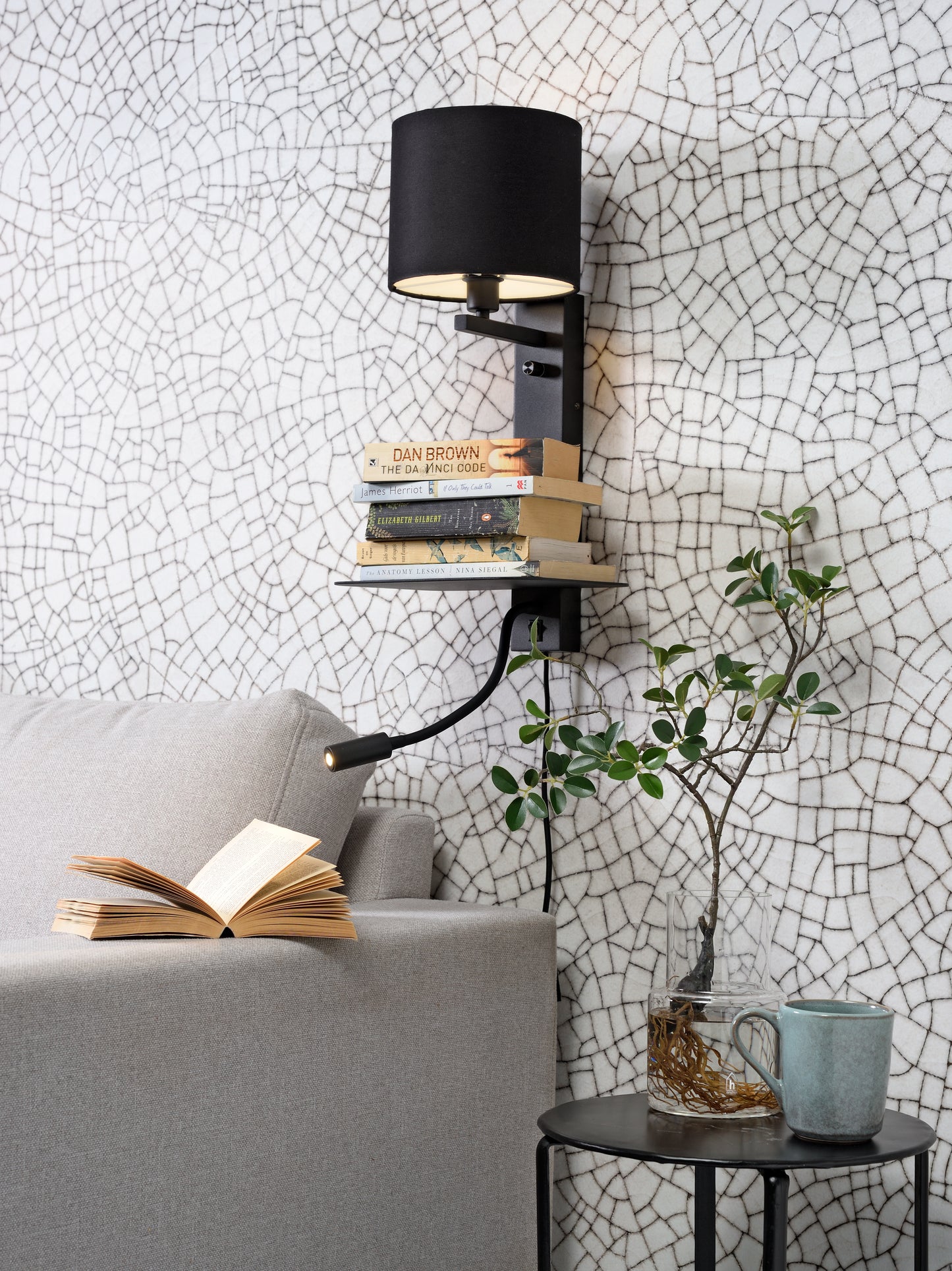 It's About Romi Wandleuchte Eisen Florence H.52cm Regal+USB+Leselampe 15000Std./Schirm 18x15cm inkl. Dimmer, schwarz