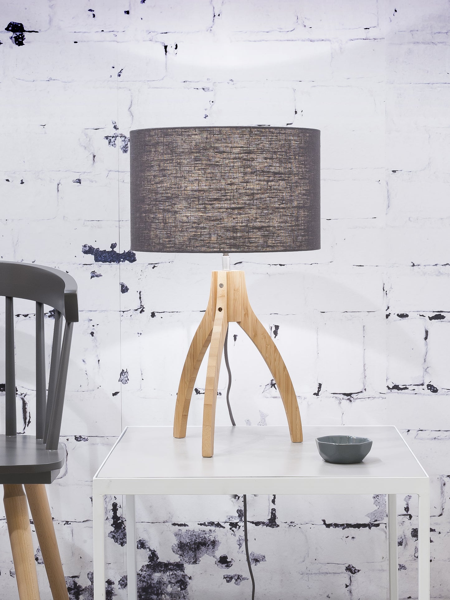 Good&Mojo Tischleuchte Bambus 3-Bein Annapurna H.54cm/Schirm 32x20cm, Leinen dunkelgrau