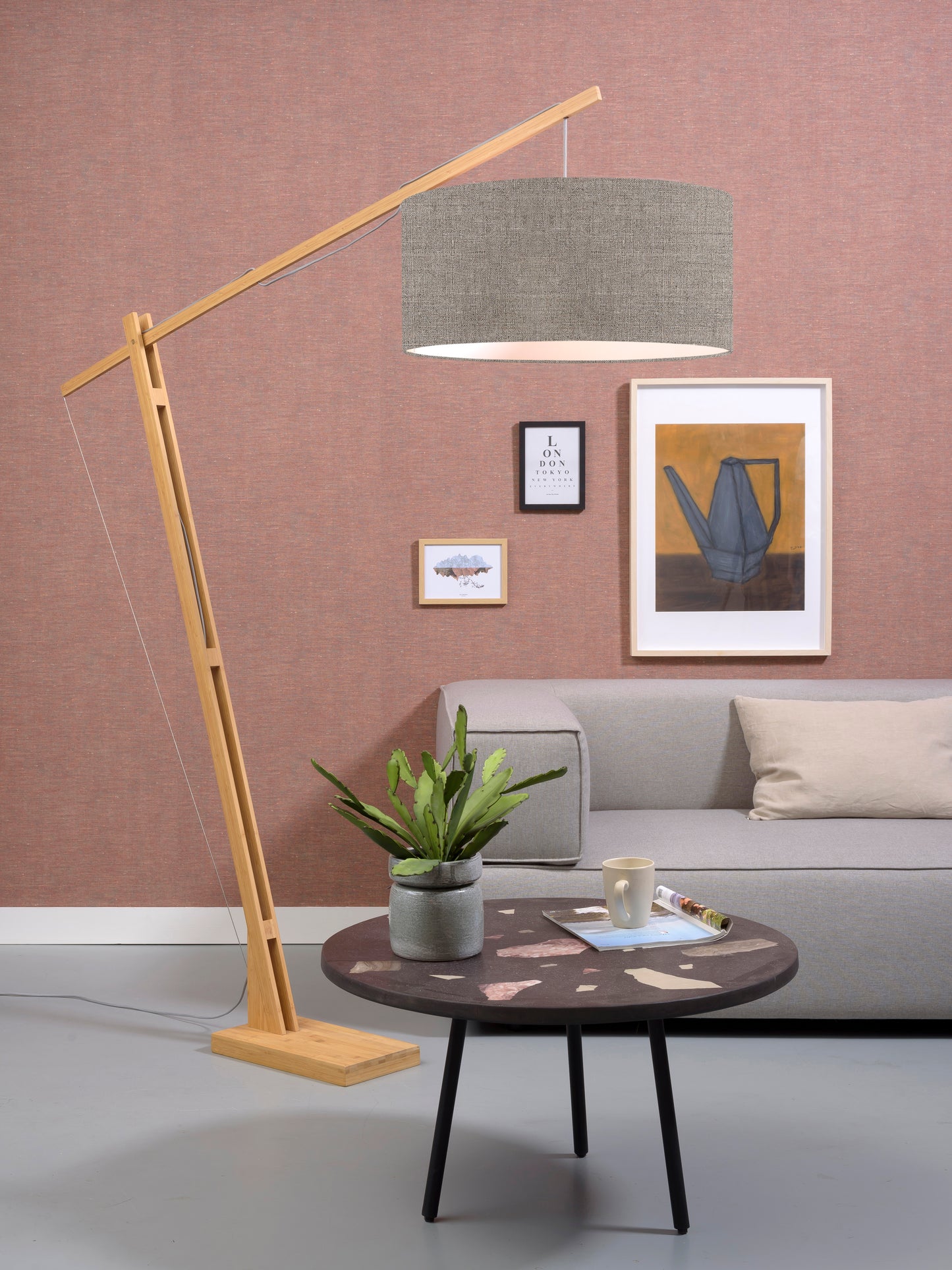 Good&Mojo Stehleuchte Montblanc Bambus H.207/Schirm 60x30cm Öko-Leinen, dunkel