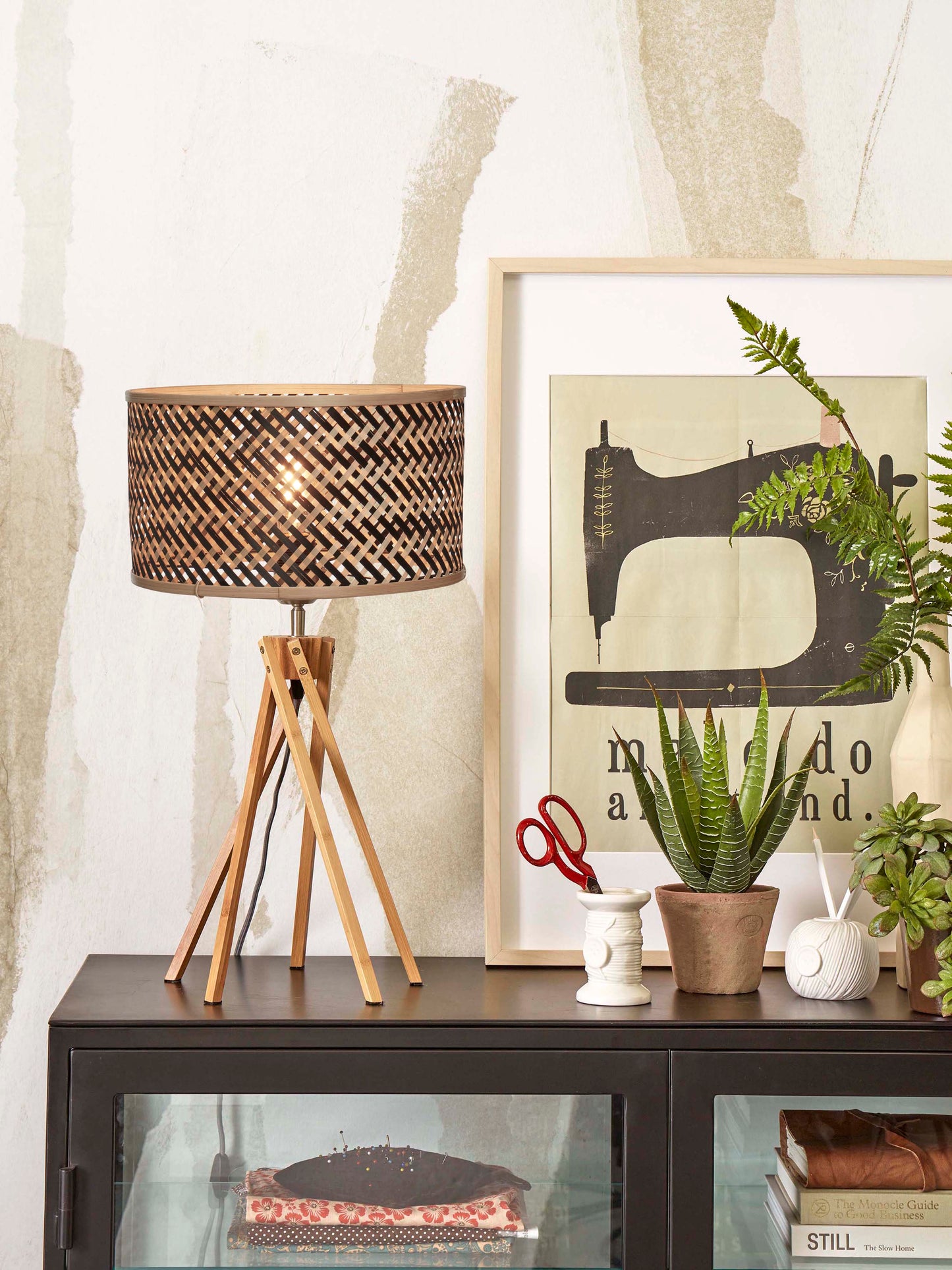 Java table lamp, 5 legs, natural bamboo, height 48cm/shade diameter 32x18cm, black/natural.