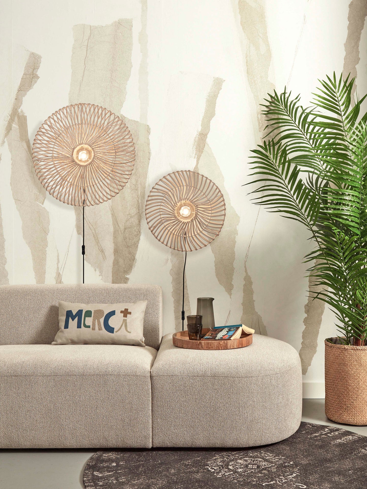 Good&Mojo Wandleuchte Zanzibar L Rattan/flach Durchm.55xH.14cm. Weiß