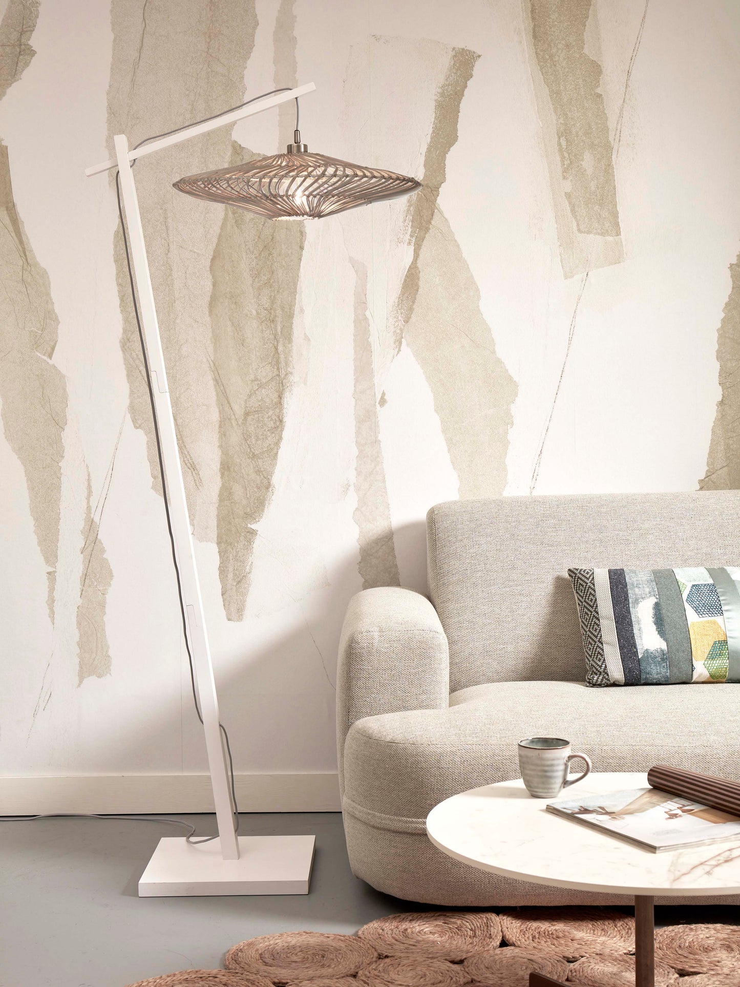 Good&Mojo Stehleuchte Zanzibar L Bambus weiß 176cm/Schirm 55x14cm Rattan. Weiß