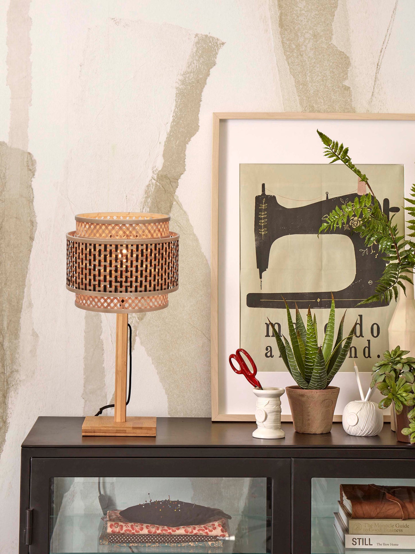 Good&Mojo Tischleuchte Bhutan Bambus nat. H.40cm/Schirm rund 25x20cm schwarz/natur