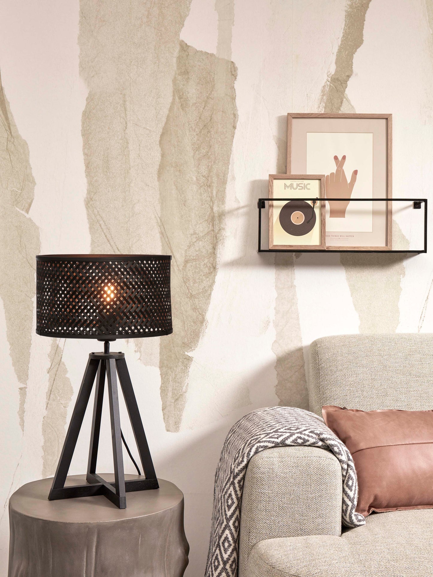 Good&Mojo Java table lamp, 4 legs, bamboo, black, height 48cm/shade diameter 32x18cm. black.