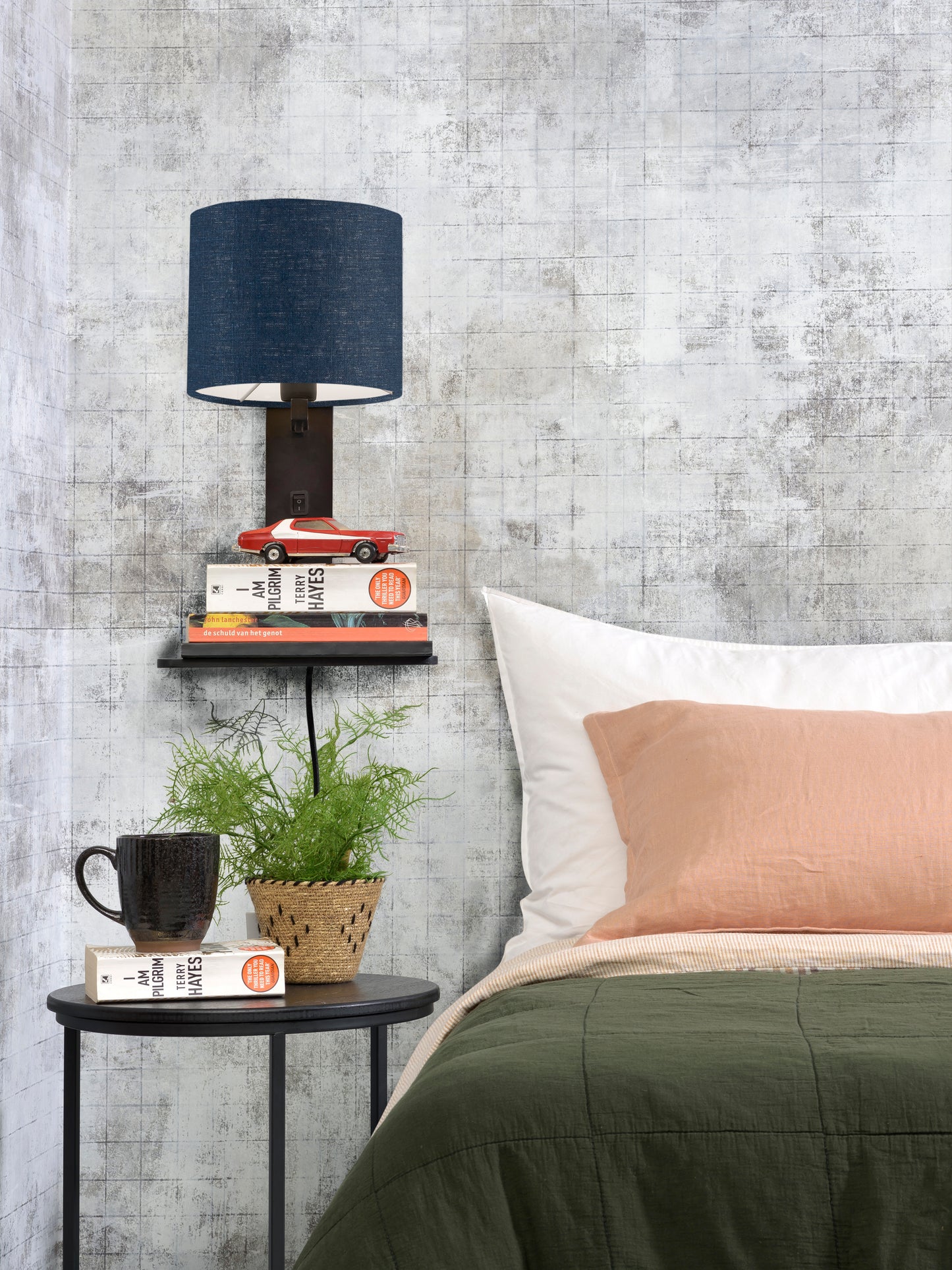 Good&Mojo Wandleuchte Anden Bambus schwarz. Ablage/Haube 18x15cm Ecolin. bl.denim