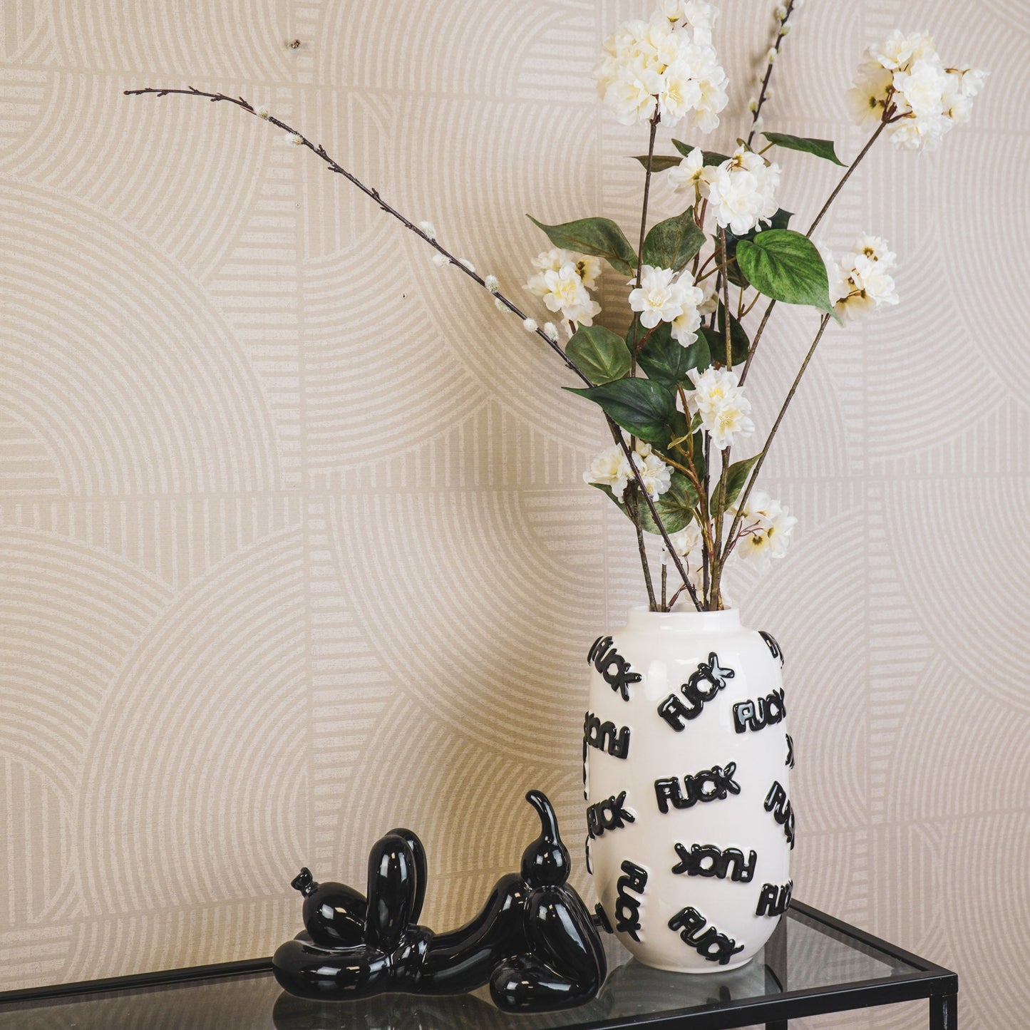 Housevitamin  - Bloemen Vaas 'FUCK' - Keramiek - Wit/Zwart  -  17x17x27cm