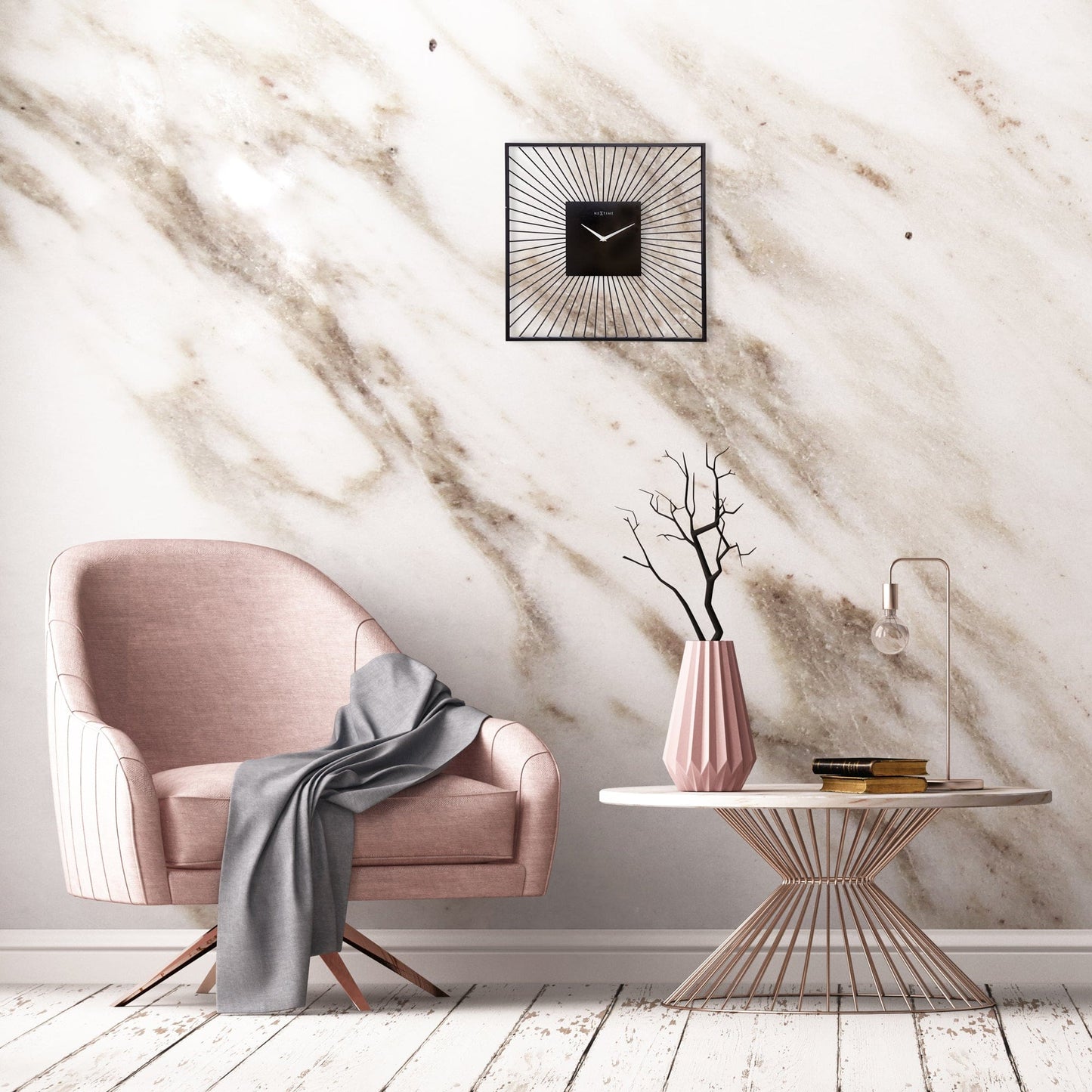 NeXtime Wandklok 45x45x15cm - Geruisloos - Zwart - Metaal - "Vasco Square" sfeerfoto