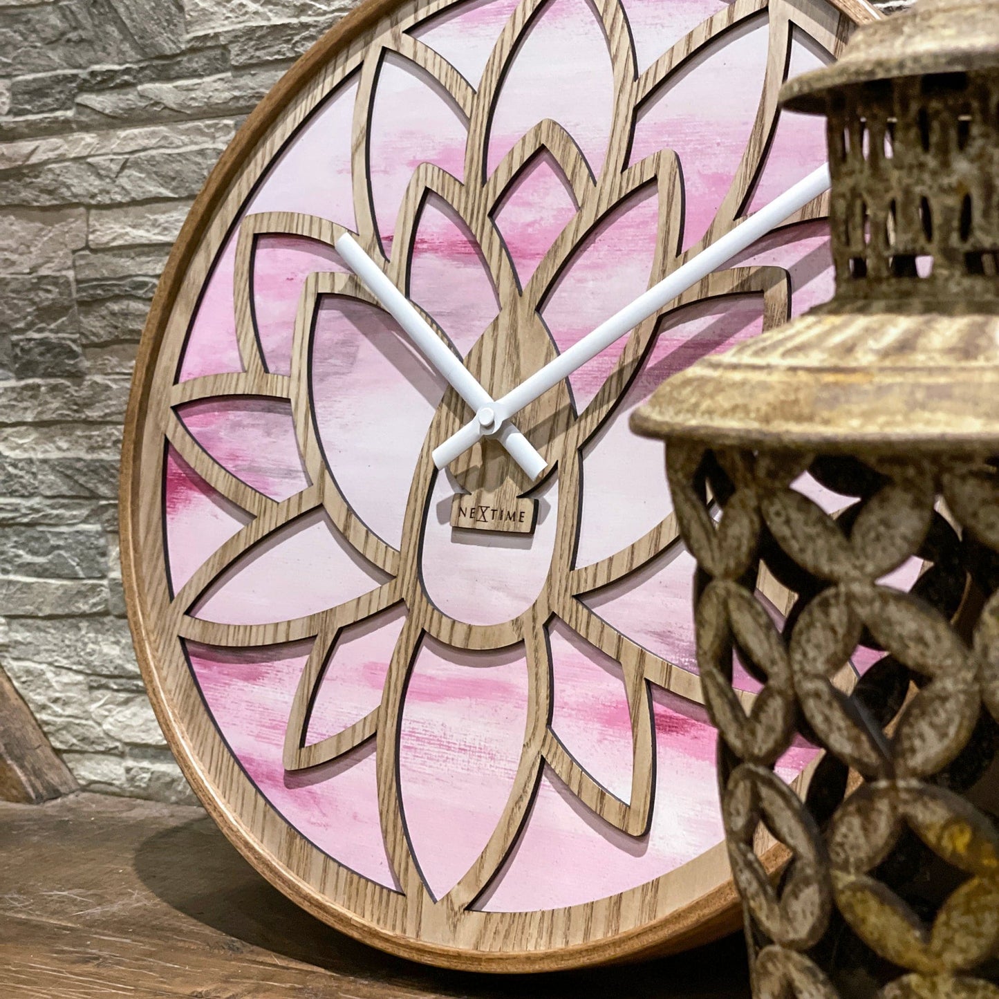 NeXtime Wandklok 40 cm - Geruisloos - Roze - Hout - "Lotus"