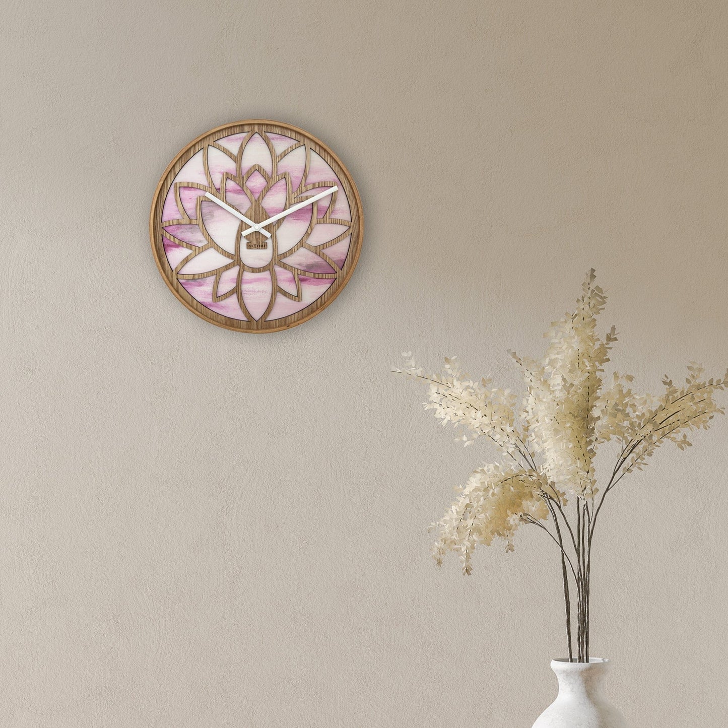 NeXtime Wandklok 40 cm - Geruisloos - Roze - Hout - "Lotus"