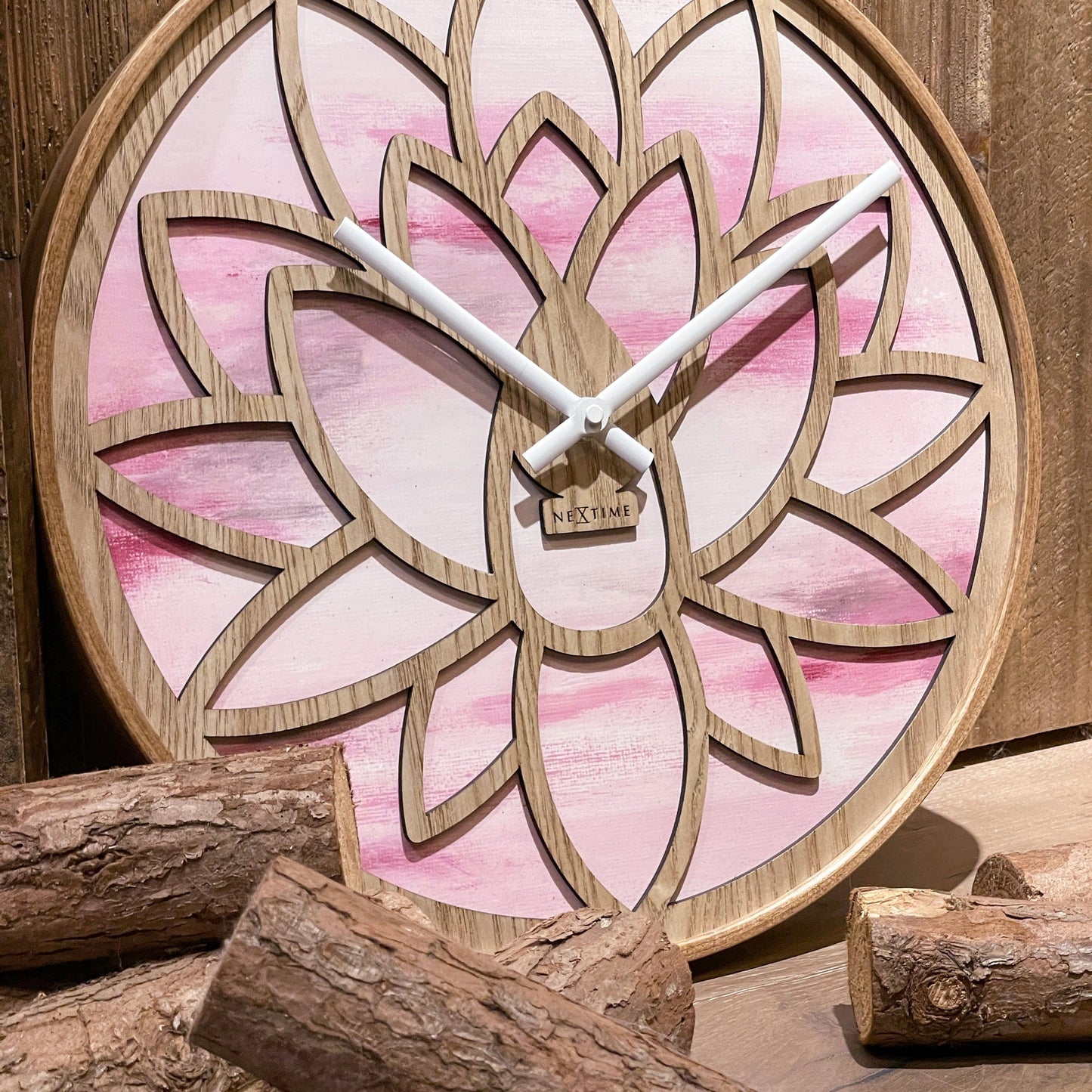 NeXtime Wandklok 40 cm - Geruisloos - Roze - Hout - "Lotus"