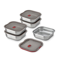 Black+Blum Stalen voedselbox vierkant - voor maaltijdvoorbereiding - 195x189x58mm - Grijs/Rood