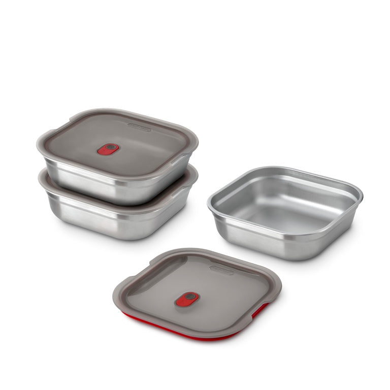 Black+Blum Stalen voedselbox vierkant - voor maaltijdvoorbereiding - 195x189x58mm - Grijs/Rood
