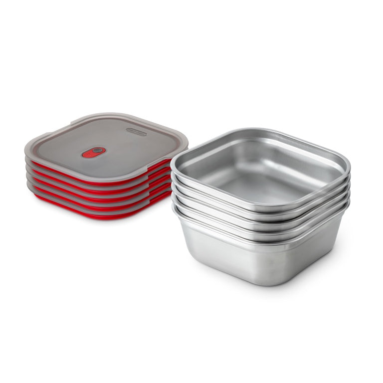 Black+Blum quadratische Lebensmittelbox aus Stahl – Meal Prep – 195 x 189 x 77 mm – Grau/Rot