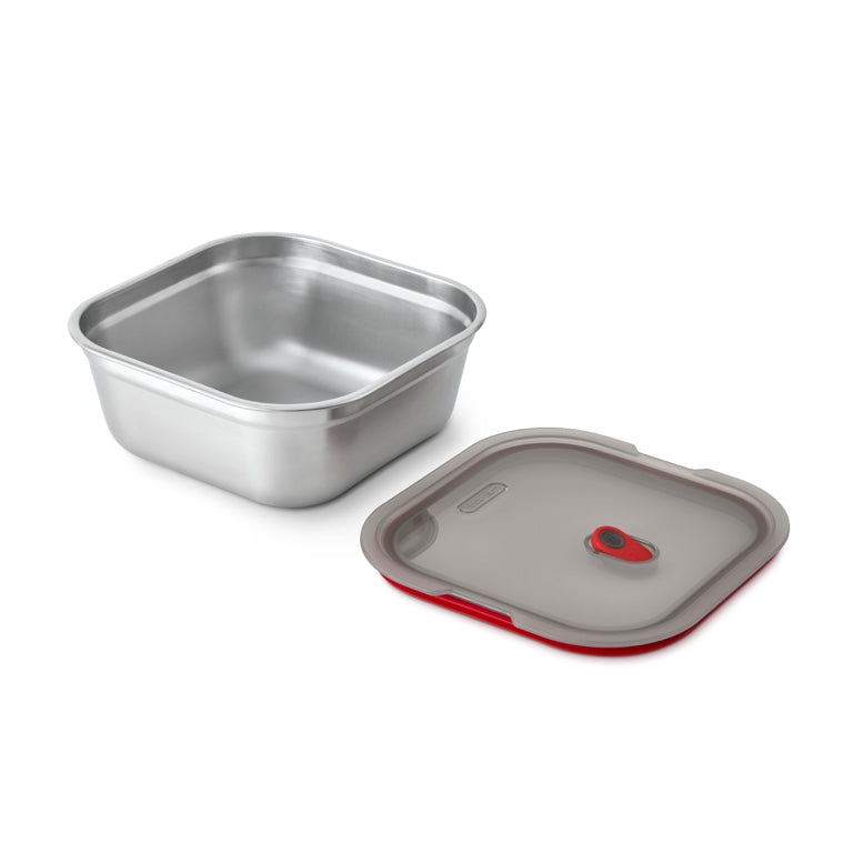 Black+Blum quadratische Lebensmittelbox aus Stahl – Meal Prep – 195 x 189 x 77 mm – Grau/Rot