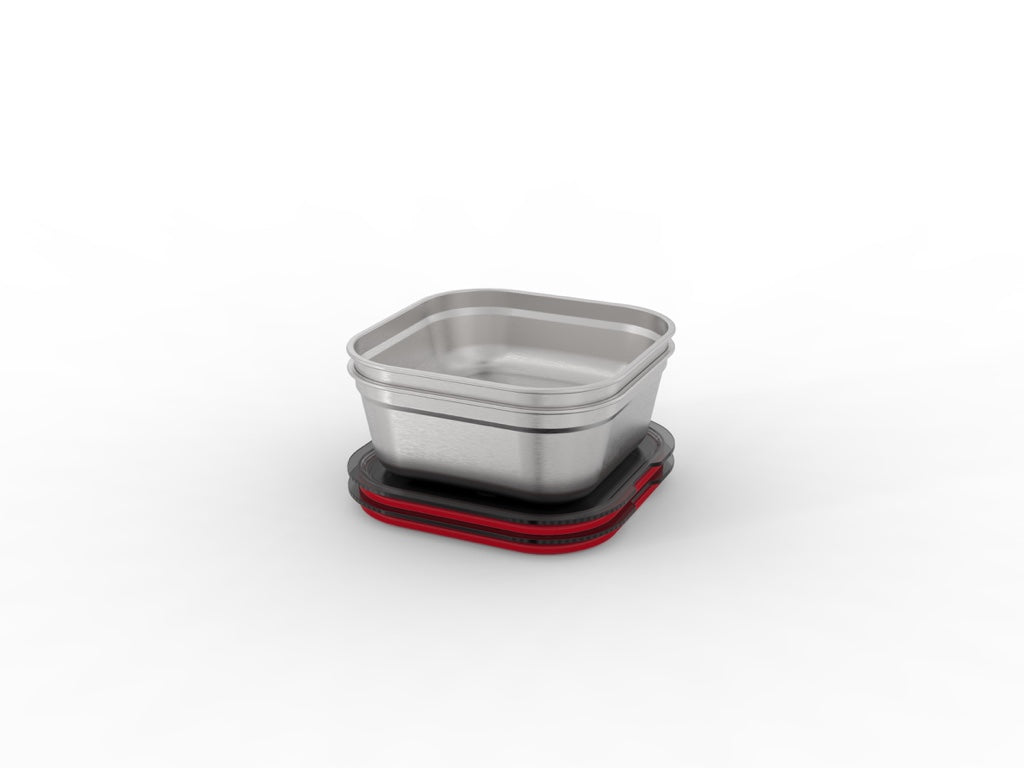 Black+Blum quadratische Lebensmittelbox aus Stahl – Meal Prep – 195 x 189 x 77 mm – Grau/Rot