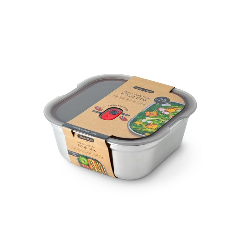 Black+Blum quadratische Lebensmittelbox aus Stahl – Meal Prep – 195 x 189 x 77 mm – Grau/Rot