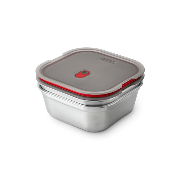 Black+Blum quadratische Lebensmittelbox aus Stahl – Meal Prep – 195 x 189 x 77 mm – Grau/Rot