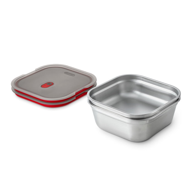 Black+Blum quadratische Lebensmittelbox aus Stahl – Meal Prep – 195 x 189 x 77 mm – Grau/Rot