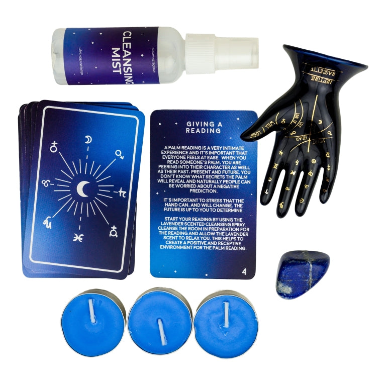 Gift Republic Palm Reading Night kaarsjes, kaarten, hand en cleasing mist, inhoud verpakking