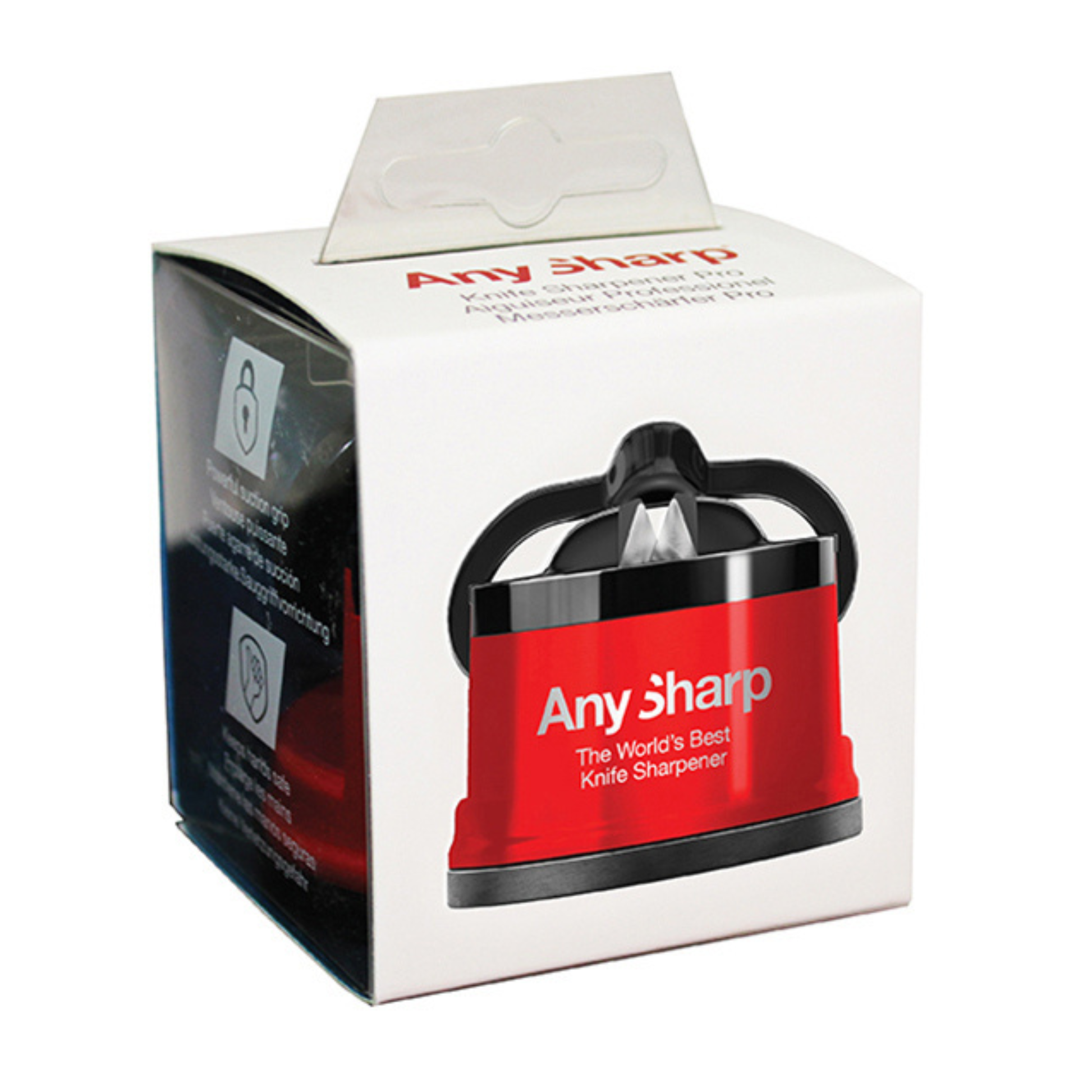 AnySharp Messenslijper Pro Metal - Metallic rood in verpakking op witte achtergrond