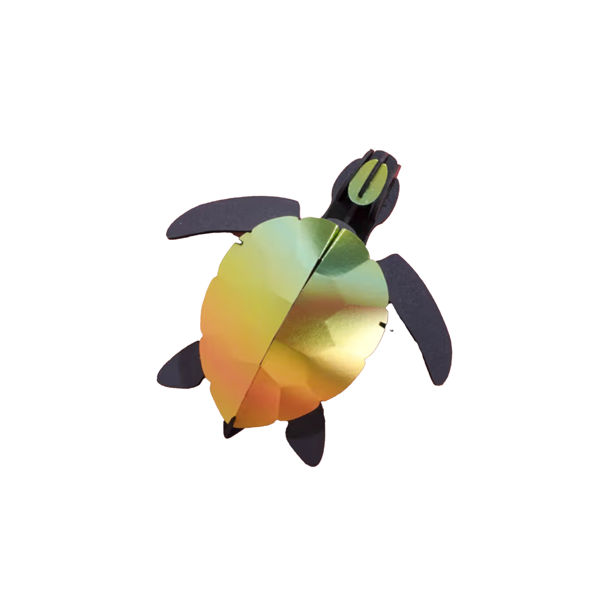 Assembli papieren zeeschildpad baby 3D-puzzel mango groen op een witte achtergrond - duurzaam DIY bouwpakket van Nederlands design.