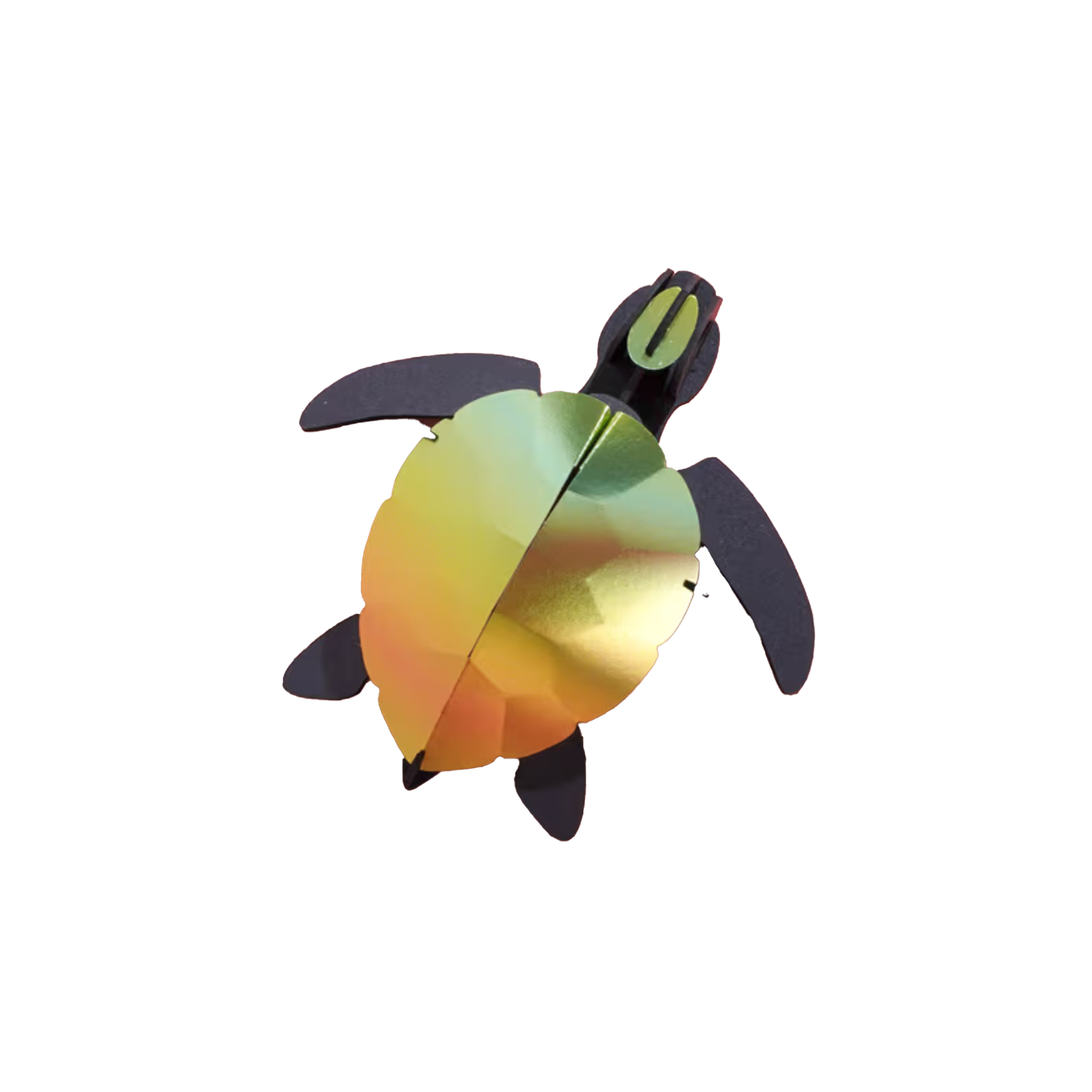 Assembli papieren zeeschildpad baby 3D-puzzel mango groen op een witte achtergrond - duurzaam DIY bouwpakket van Nederlands design.