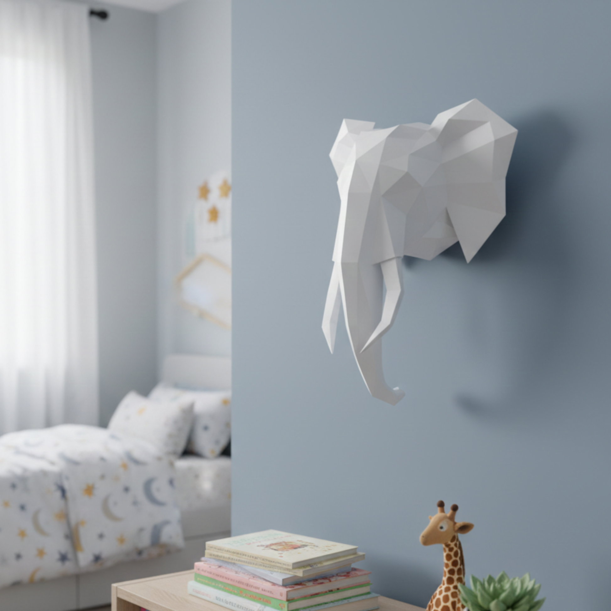 Assembli 3D-puzzel olifantenkop wanddecoratie in grijsaan muur in kinderkamer