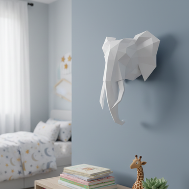 Assembli 3D-puzzel olifantenkop wanddecoratie in grijsaan muur in kinderkamer