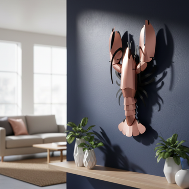 Grote Assembli 3D-puzzel Giant Lobster in rose goud als artistieke wanddecoratie op een donkerblauwe muur in een modern interieur.