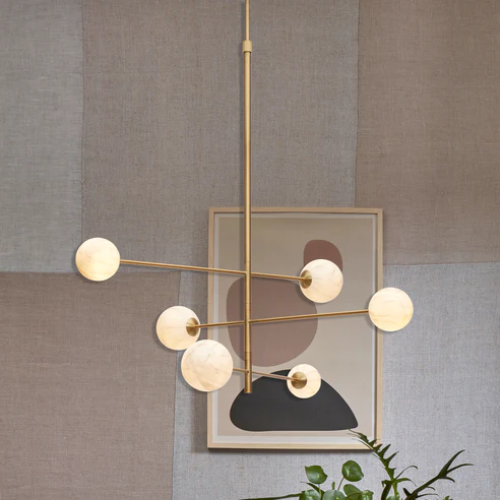 It's About Romi Hängeleuchte Glas/Eisen Carrara 3-armig L.100xH.95cm/6-Kugel weiß Marmordruck/Gold