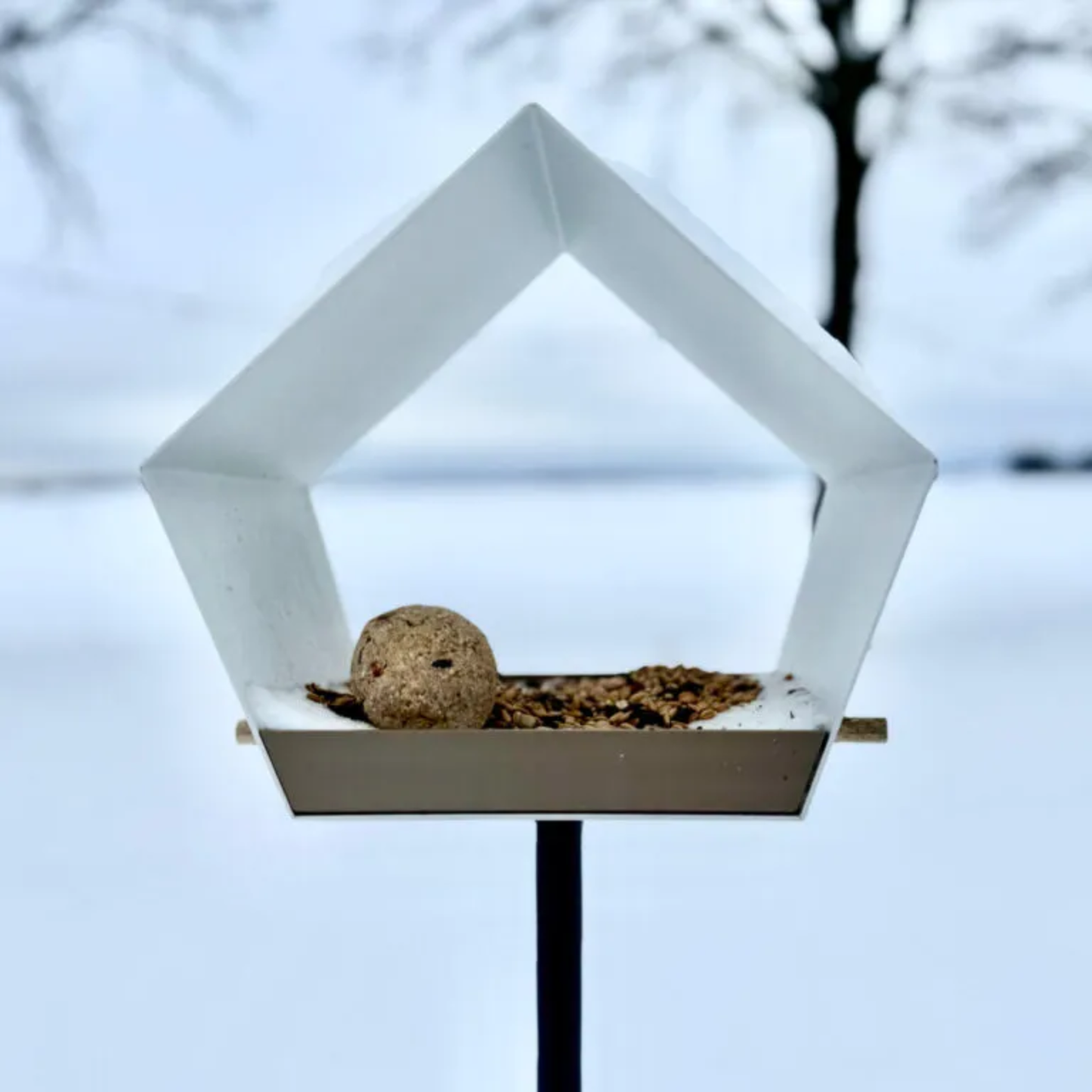 Heeej! Big DIamond vogelhuis wit-zand in tuin in de sneeuw met voer er in 