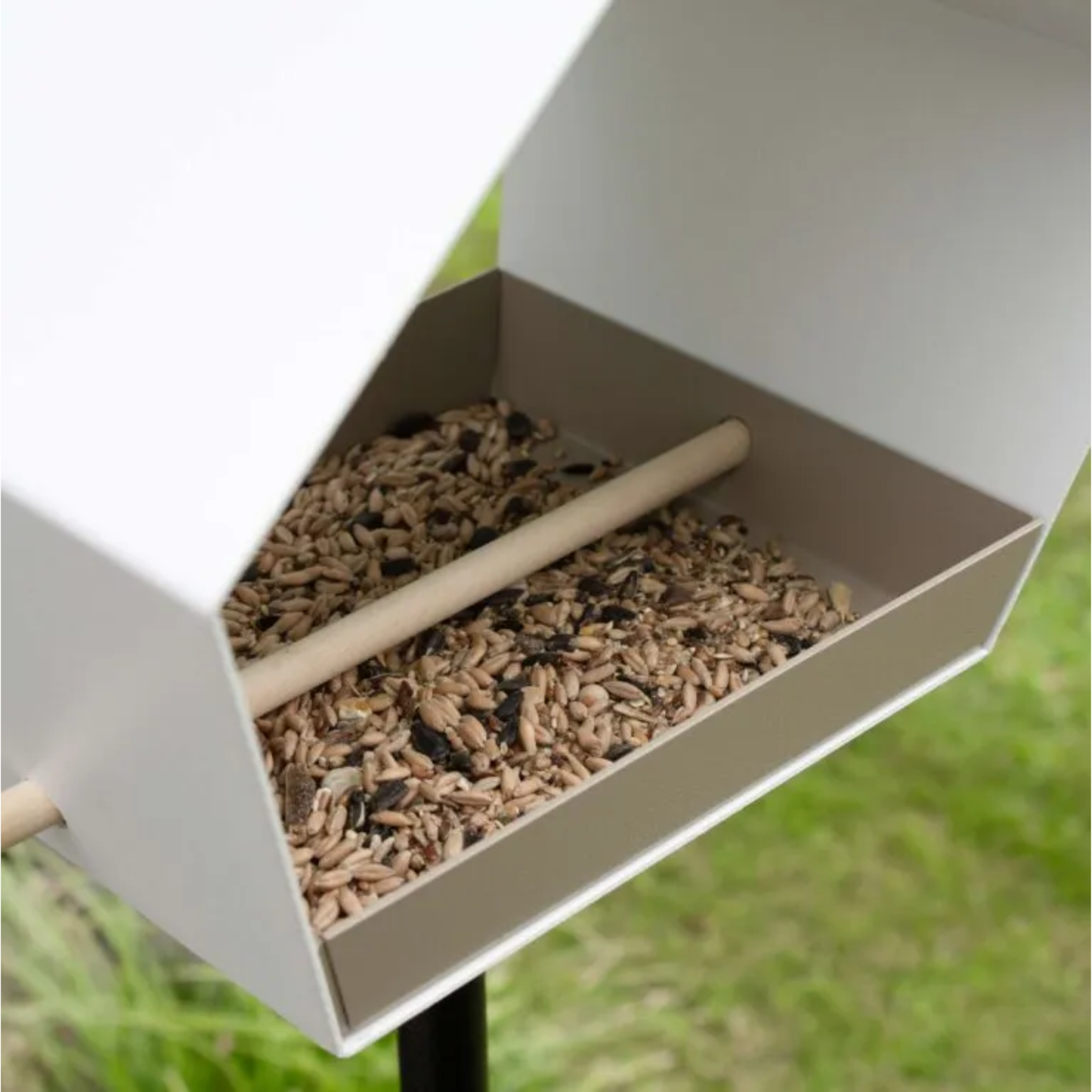 Heeej! Big DIamond vogelhuis wit-zand in tuin met voer