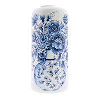 Heinen Delfts Blauw cilindervaas Wit Cabinet des Fleurs, keramische vaas van 31 cm met een Delfts blauwe bloemenvaas als decoratie