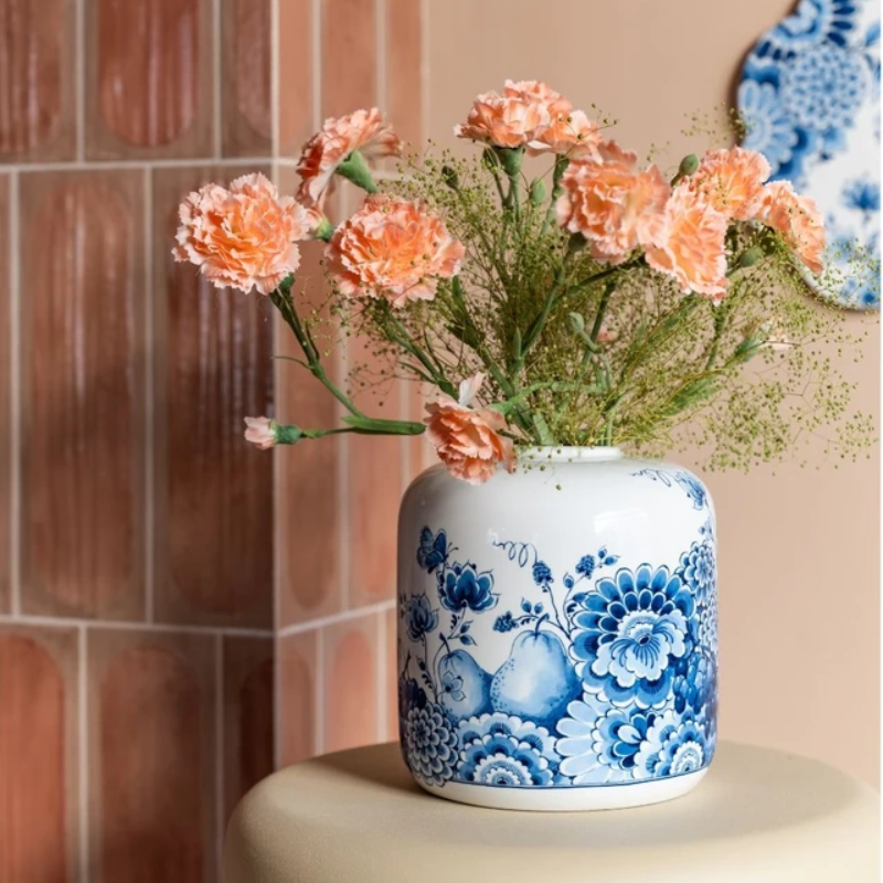 Heinen Delfts Blauw vaas Fruit Cabinet des Fleurs, keramische cilindervaas van 17 cm met fruit- en bloemendecoratie