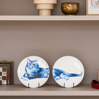 Heinen Delfts Blauw wandbord Relaxte kat tweeluik keramiek 26 cm staand