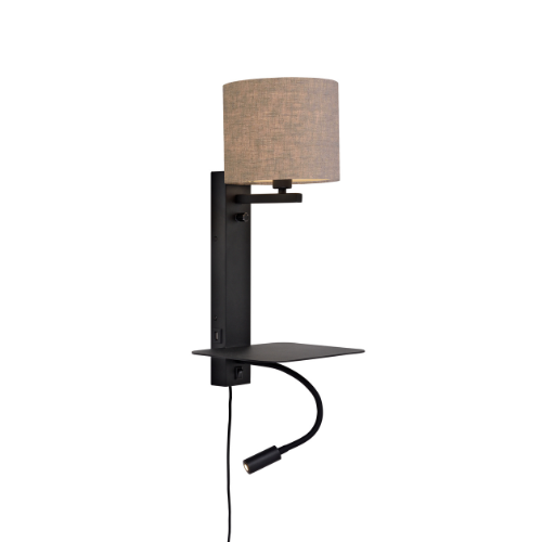 It's About Romi Wandlamp ijzer Florence h.52cm plank+usb+leeslamp 15000hrs/kap 18x15cm incl. dimmer, d.linnen